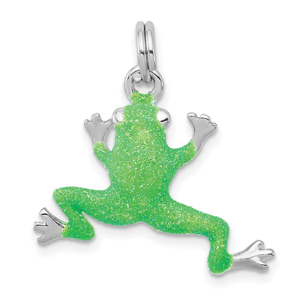 Carat in Karats Sterling Silver Polished Finish Rhodium-Plated Green Enamel Frog Charm Pendant (22mm x 23mm)