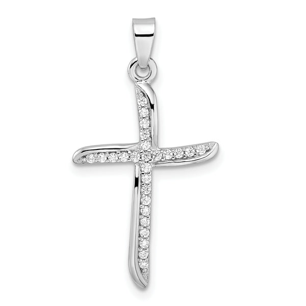 Carat in Karats Sterling Silver Polished Rhodium-Plated Small Cubic Zirconia Wavy Cross Charm Pendant (1.26 Inch x 0.65 Inch)