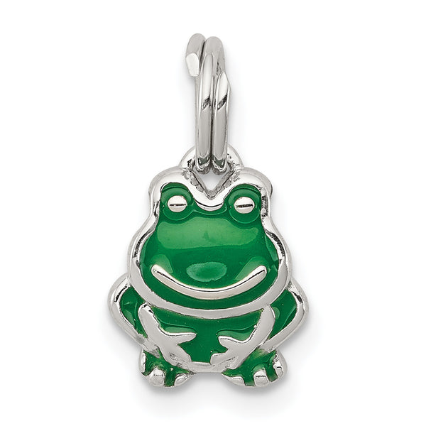 Carat in Karats Sterling Silver Polished Finish Rhodium-Plated Green Enameled Frog Charm Pendant (15mm x 9mm)