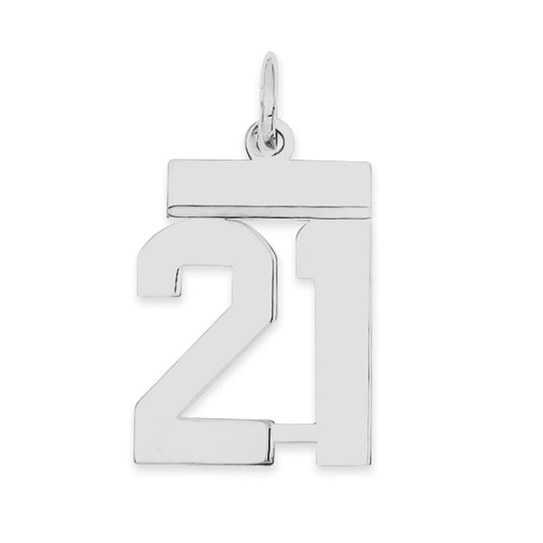 Carat in Karats Sterling Silver Polished Finish Rhodium-Plated Number 21 Charm Pendant (20mm x 8mm)