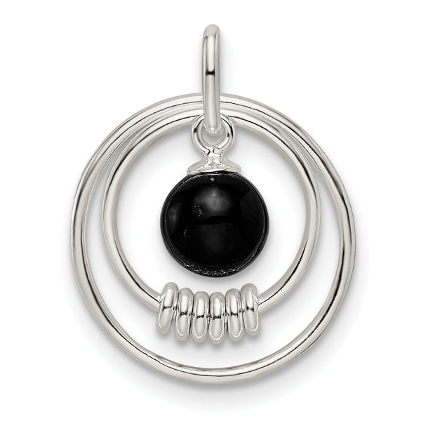 Carat in Karats Sterling Silver Polished Finish Rhodium-Plated Onyx In Circles Charm Pendant (23mm x 17mm)