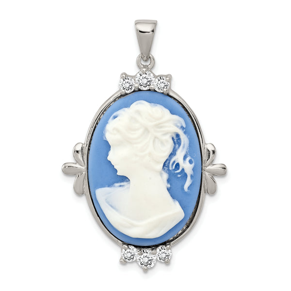 Carat in Karats Sterling Silver Polished Finish Rhodium-Plated Blue Plastic Cameo With CZ Accents Charm Pendant (35mm x 25mm)