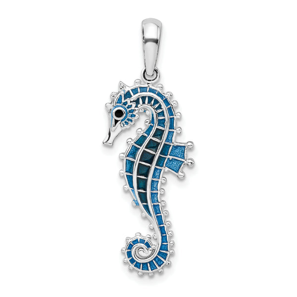 Quilate en quilates Plata esterlina Acabado pulido 3D Esmaltado Azul Seahorse Charm Pendant (35mm x 12.5mm)