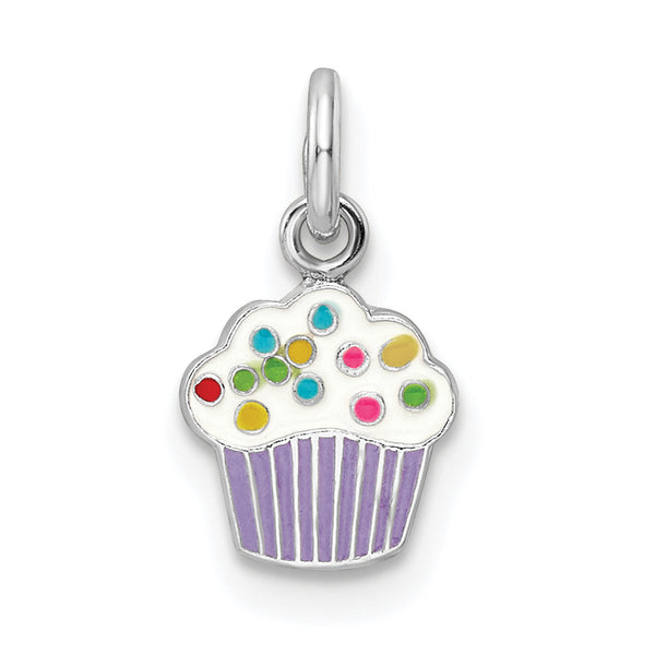 Carat in Karats Sterling Silver Polished Rhodium-Plated Enamel Small Cupcake Charm Pendant (0.54 Inch x 0.29 Inch)