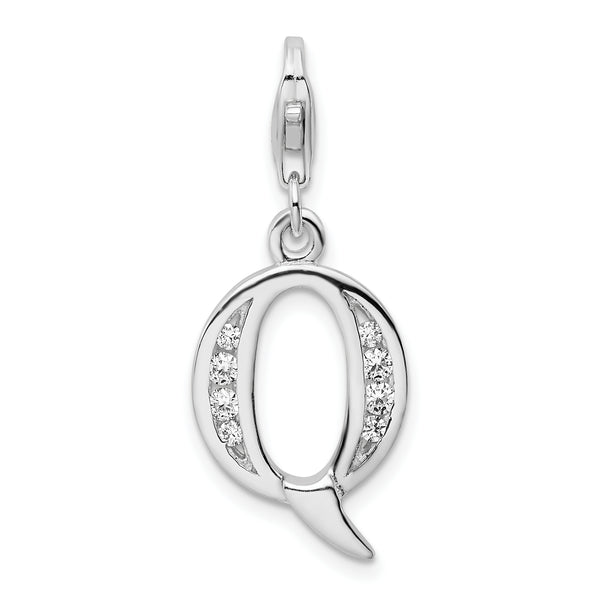 Carat in Karats Sterling Silver Polished Rhodium-Plated Cubic Zirconia Letter Q Initial With Fancy Lobster Clasp Charm Pendant (.5 In x 12mm)