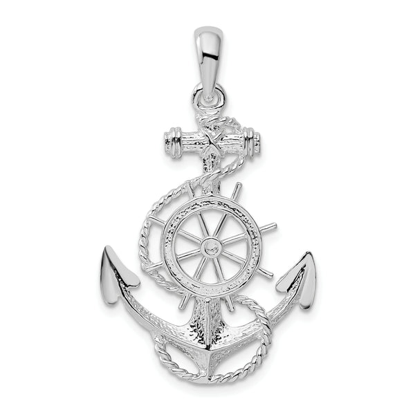 Carat in Karats Sterling Silver Polished Finish Anchor With Ships Wheel Charm Pendant (37.13mm)