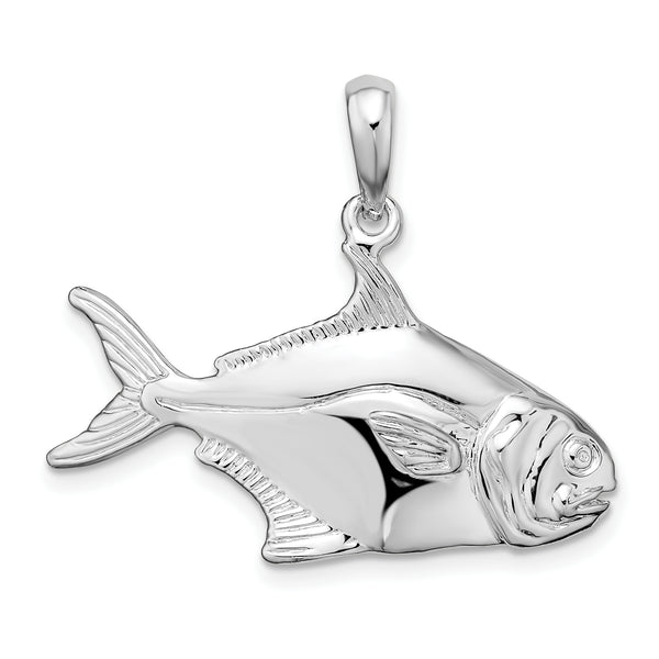 Quilates en quilates Plata esterlina Acabado pulido 3D Pompano Fish Charm Colgante (25.5mm x 31mm)