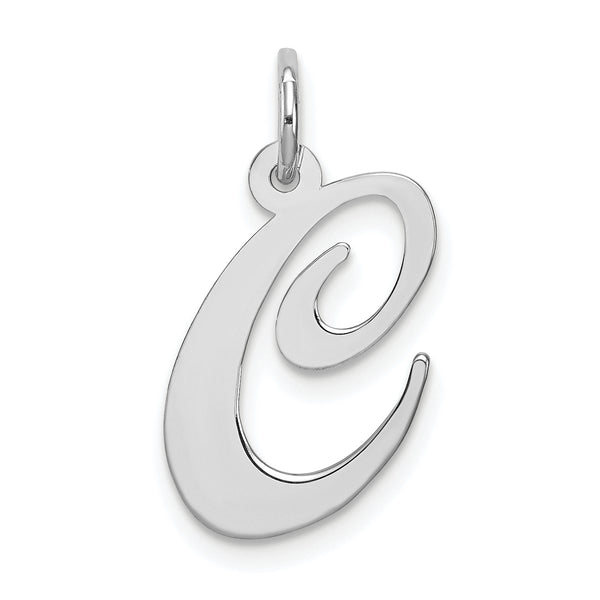 Carat in Karats Sterling Silver Rhodium-Plated Fancy Script Letter C Initial Charm Pendant (0.7 Inch x 0.51 Inch)