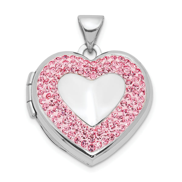 Carat in Karats Sterling Silver Polished Finish Rhodium-Plated Pink Preciosa Crystal Heart Locket Pendant (23.75mm x 18.8mm)