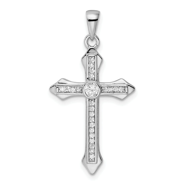 Carat in Karats Sterling Silver Polished Finish Rhodium-Plated CZ Cross Charm Pendant (35.76mm x 18.55mm)