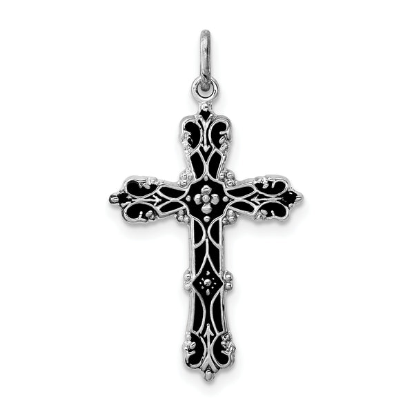 Carat in Karats Sterling Silver Rhodium-Plated With Black Epoxy Cross Charm Pendant (0.98 Inch x 0.66 Inch)