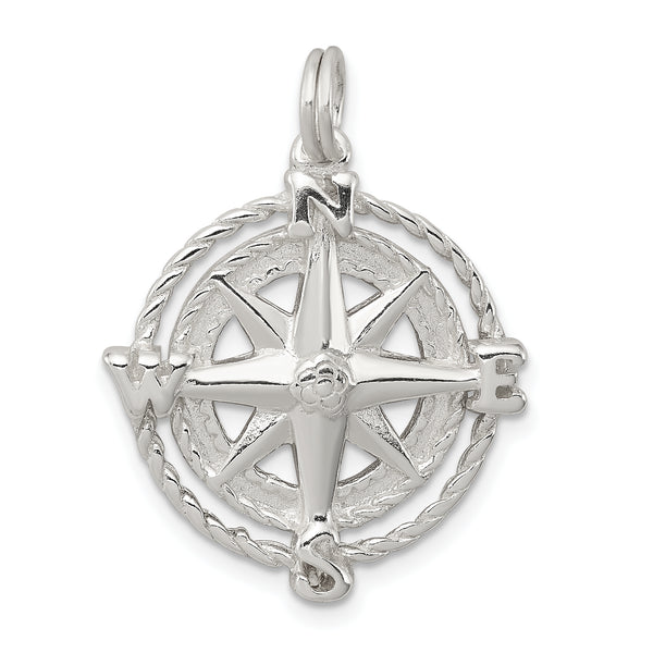 Carat in Karats Sterling Silver Polished Finish Compass Charm Pendant (22mm x 22mm)