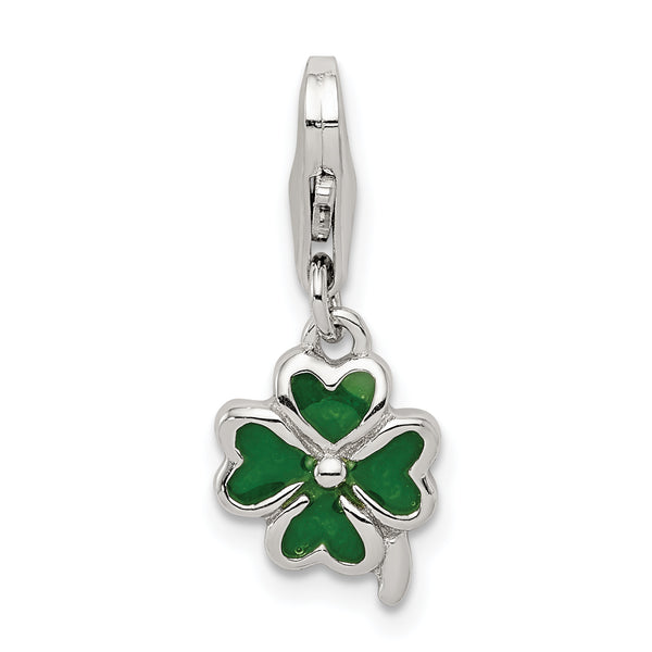 Carat in Karats Sterling Silver Polished Finish Green Enameled Four Leaf Clover Charm With Lobster Clasp Pendant (23mm x 9mm)