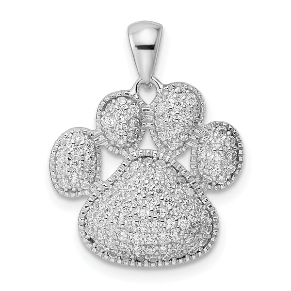 Carat in Karats Sterling Silver Polished Finish Rhodium-Plated CZ Paw Print Charm Pendant (22.65mm x 17.57mm)