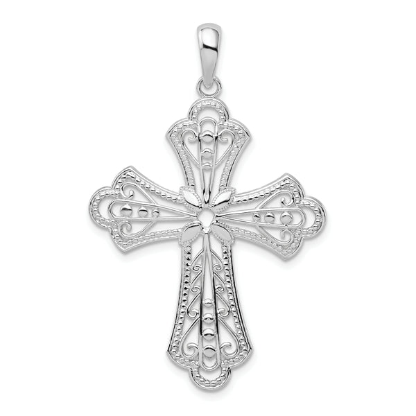 Carat in Karats Sterling Silver Polished Finish Polish Filigree Bead Edge Fleur De Lis Cross Charm Pendant (37.3 mm x 29.2 mm)