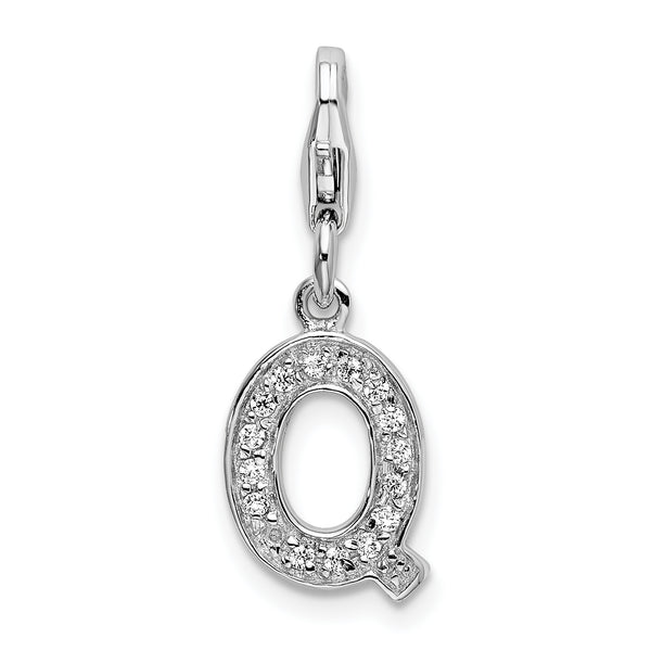 Carat in Karats Sterling Silver Polished Rhodium-Plated Cubic Zirconia Letter Q Initial With Fancy Lobster Clasp Charm Pendant (0.43 Inch x 0.31 Inch)