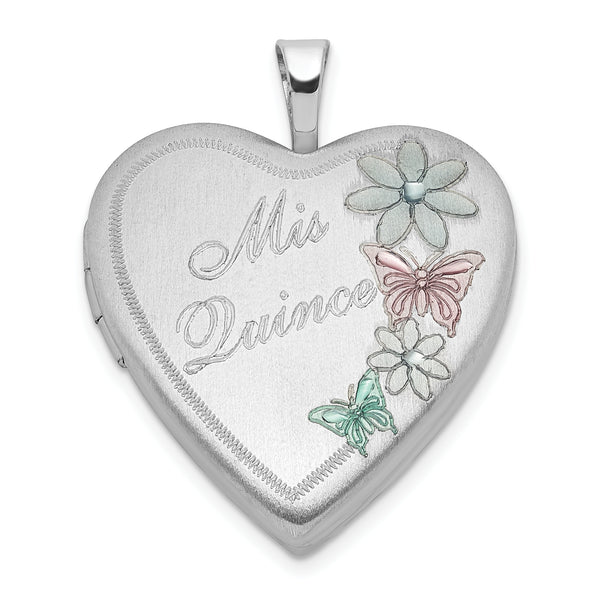 Carat in Karats Sterling Silver Polished Finish Satin Enameled Mis Quince Butterfly Heart Locket Pendant (25mm x 19.6mm)