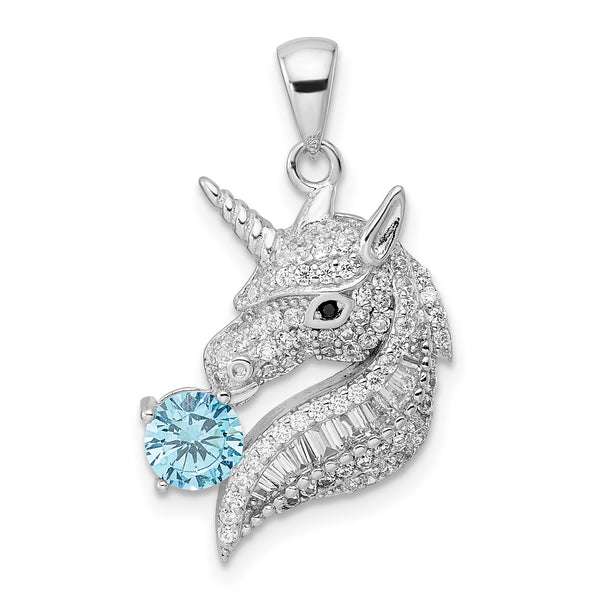 Carat in Karats Sterling Silver Polished Finish Rhodium-Plated CZ Unicorn Charm Pendant (27mm x 11.4mm)