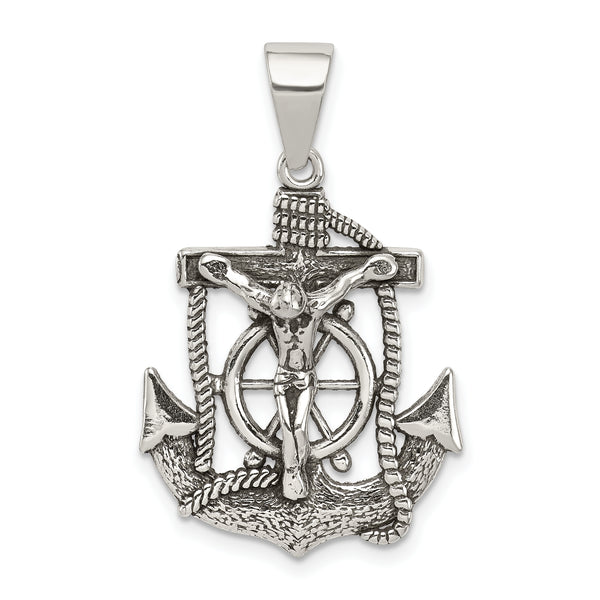 Carat in Karats Sterling Silver Polished Finish Antiqued Mini Mariner Inri Crucifix Charm Pendant (32.30 mm x 20 mm)