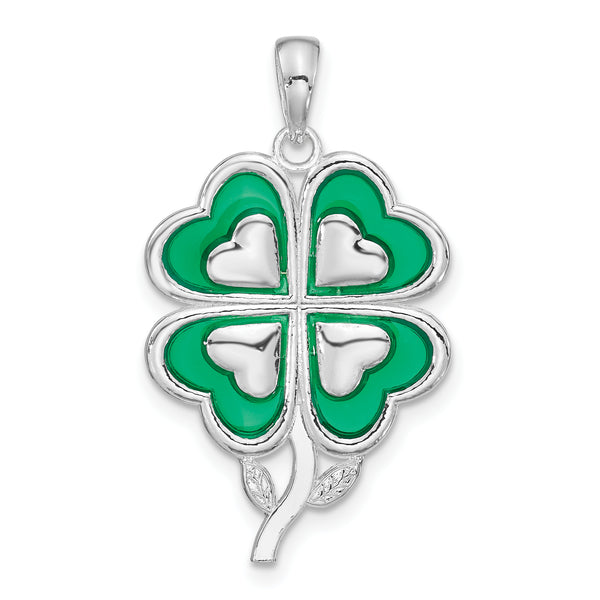 Carat in Karats Sterling Silver Polished Finish Enameled 4-Leaf Clover Charm Pendant (25 mm x 17 mm)