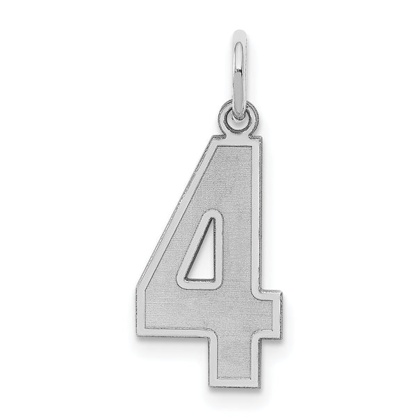 Carat in Karats Sterling Silver Polished Finish Laser Design Rhodium-Plated Satin Number 4 Charm Pendant (22mm x 9mm)