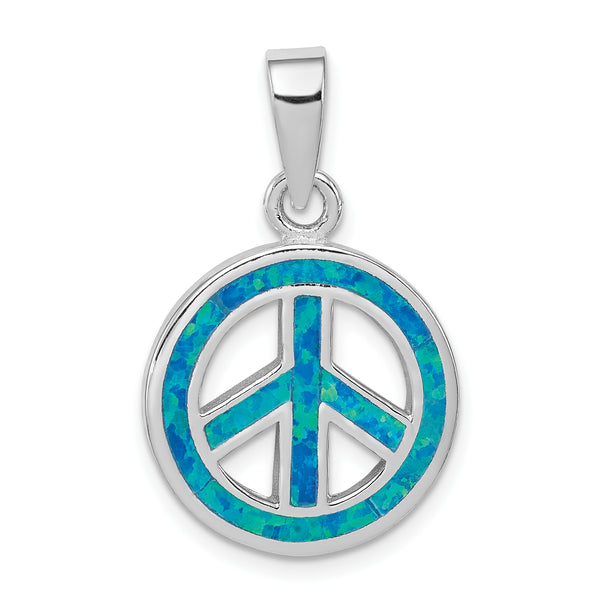 Carat in Karats Sterling Silver Polished Finish Rhodium-Plated Blue Inlay Created Opal Peace Sign Charm Pendant (21 x 17mm)