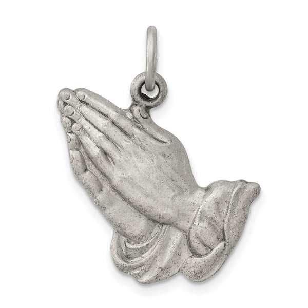 Carat in Karats Sterling Silver Antiqued Praying Hands Charm Pendant (1.02 Inch x 0.59 Inch)