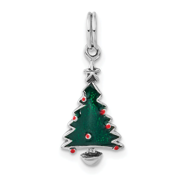 Carat in Karats Sterling Silver Polished Finish Green Red Enameled Christmas Tree Charm Pendant (25mm x 10mm)