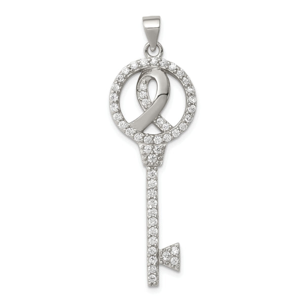 Carat in Karats Sterling Silver Polished Breast Cancer Awareness Symbol Cubic Zirconia Key Charm Pendant (1.92 Inch x 0.62 Inch)