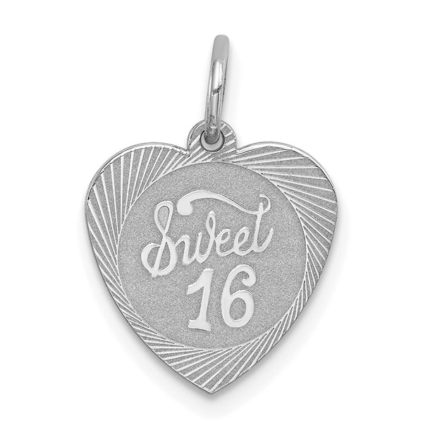 Carat in Karats Sterling Silver Polished Finish Rhodium-Plated Sweet Sixteen Heart Disc Charm Pendant (19mm x 14mm)