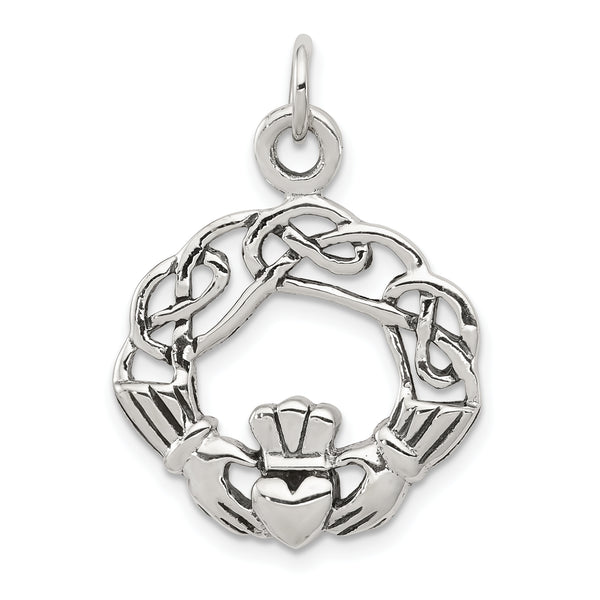 Carat in Karats Sterling Silver Antiqued Claddagh Charm Pendant (29mm x 22mm)