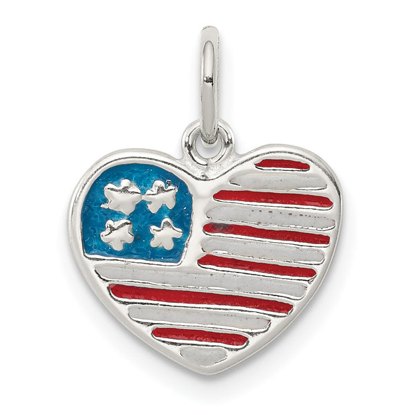 Carat in Karats Sterling Silver Polished Enamel American Flag Heart Charm Pendant