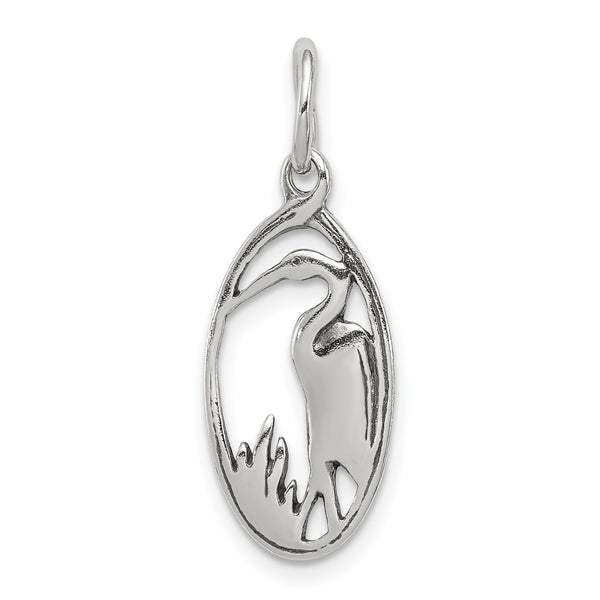 Carat in Karats Sterling Silver Antiqued Crane In Oval Frame Charm Pendant (0.82 Inch x 0.43 Inch)