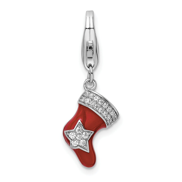 Carat in Karats Sterling Silver Polished Finish Rhodium-Plated CZ Enameled Christmas Stocking Charm With Fancy Lobster Clasp Pendant (20.6mm x 7.9mm)