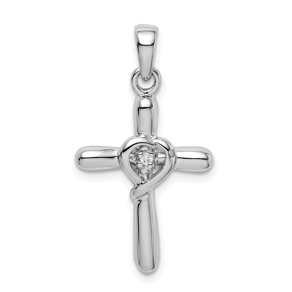 Carat in Karats Sterling Silver Rhodium-Plated CZ Heart Cross Charm Pendant (30mm x 17mm)