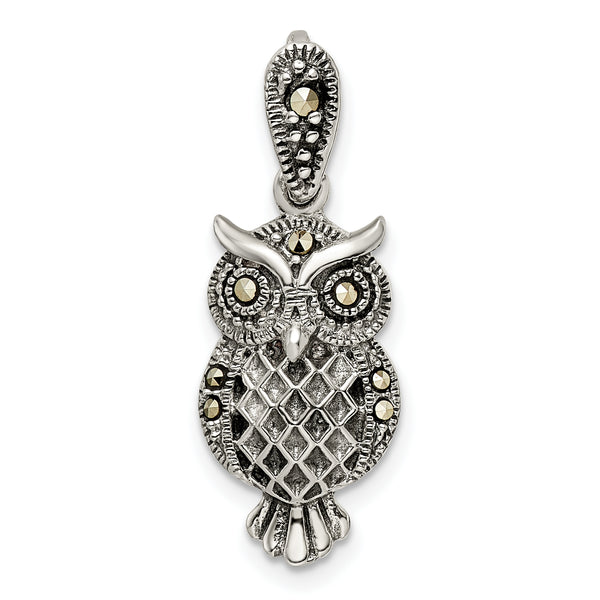 Carat in Karats Sterling Silver Antiqued Marcasite Owl Charm Pendant (28.15mm x 10.4mm)