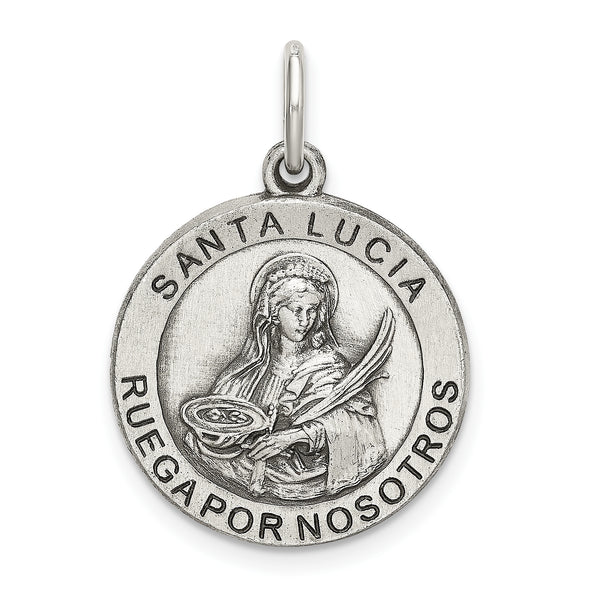 Carat in Karats Sterling Silver Antiqued Satin Antiqued Spanish St. Lucy Medal Charm Pendant (28mm x 19mm)