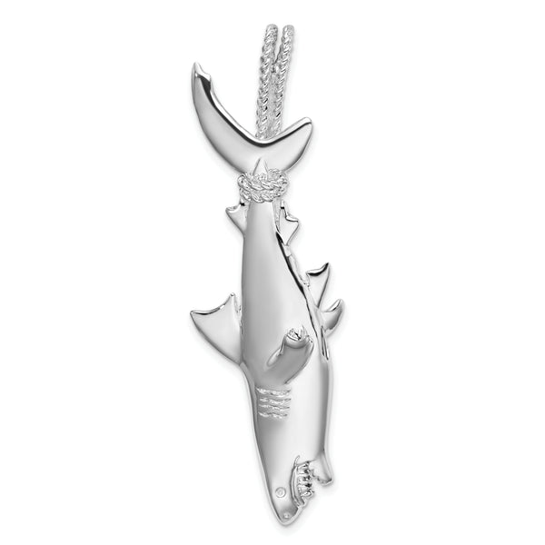 Carat in Karats Sterling Silver Polished Finish 3D Shark Hanging From Rope Charm Pendant (56.5mm x 17.5mm)