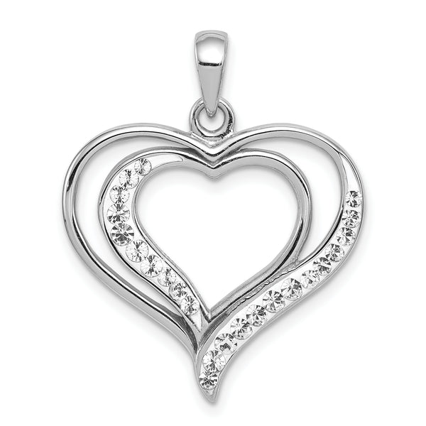 Carat in Karats Sterling Silver Polished Finish Rhodium-Plated Stellux Crystal Double Heart Charm Pendant (25mm x 25mm)