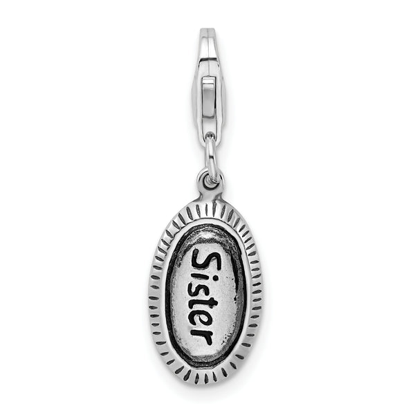 Carat in Karats Sterling Silver Antiqued Rhodium-Plated Antiqued Sister Charm With Fancy Lobster Clasp Pendant (35mm x 9mm)