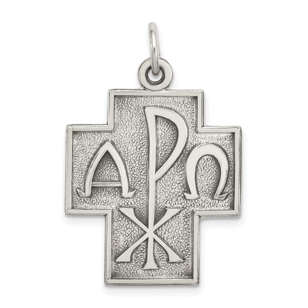 Carat in Karats Sterling Silver Polished Antiqued Alpha Omega Cross Charm Pendant (1.14 Inch x 0.86 Inch)