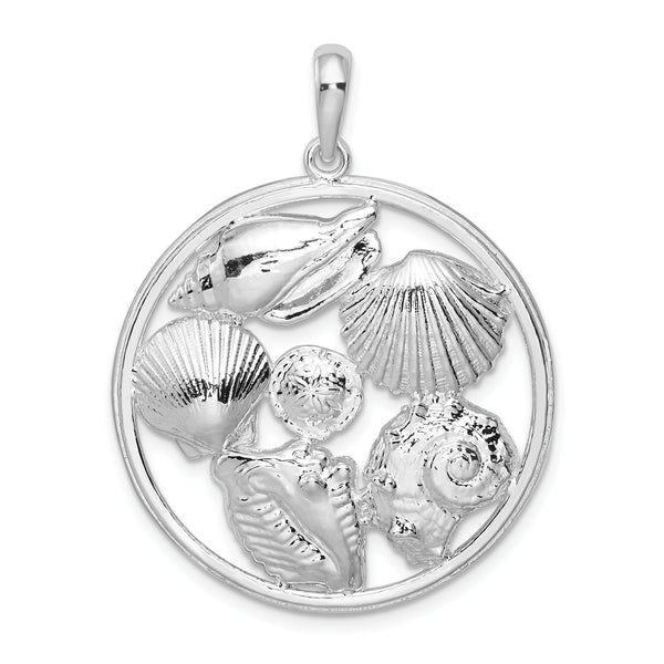 Carat in Karats Sterling Silver Polished Finish Shells Large Round Charm Pendant (40mm)