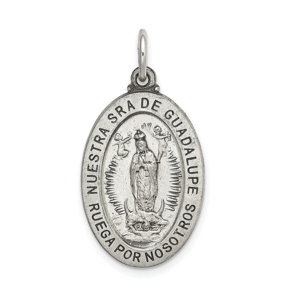 Carat in Karats Sterling Silver Satin Antiqued Spanish Lady Of Guadalupe Medal Pendant (1.32 Inches x Inches 0.63)