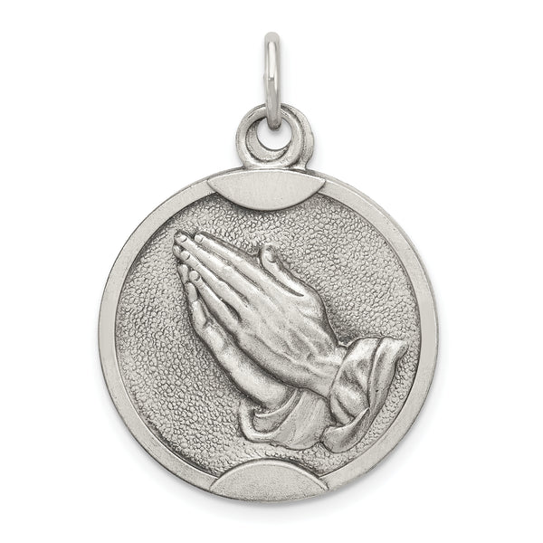 Carat in Karats Sterling Silver Antiqued Praying Hands Medal Pendant (20mm x 25mm)