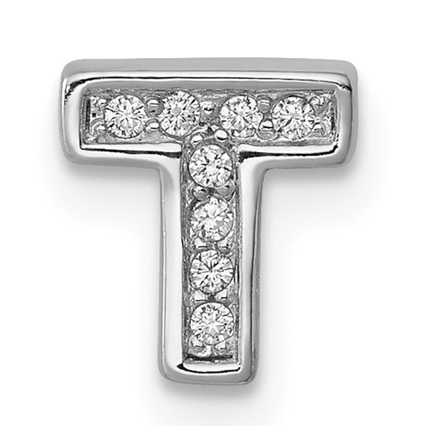 Carat in Karats Sterling Silver Rhodium-Plated CZ Letter T Initial Slide Charm Pendant