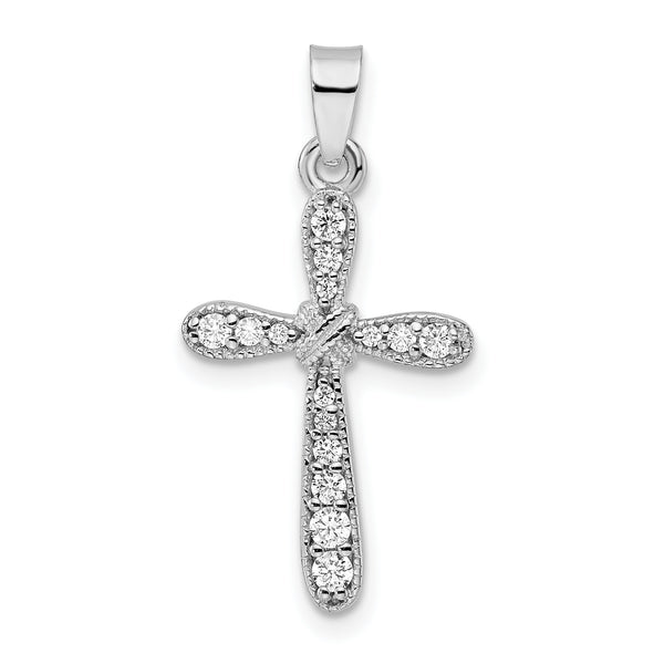 Carat in Karats Sterling Silver Polished Finish Rhodium-Plated With CZ x-Center Cross Charm Pendant (27.76mm x 14.25mm)