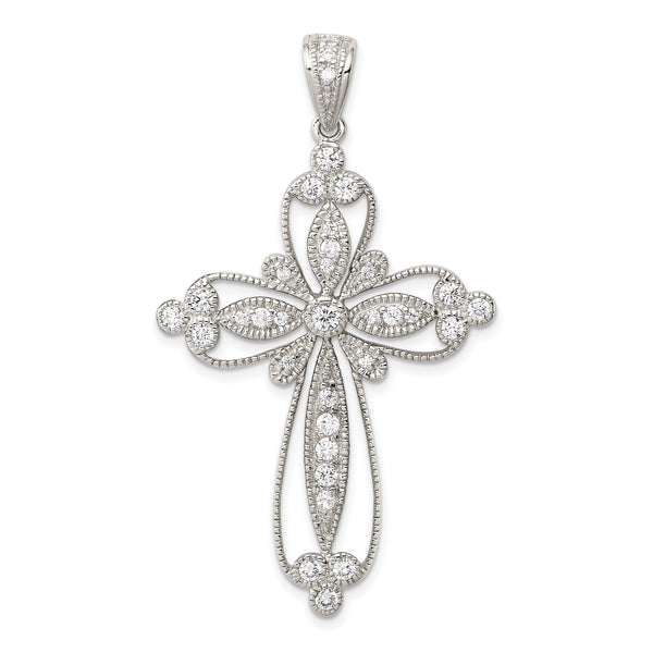 Carat in Karats Sterling Silver Polished Rhodium-Plated Cubic Zirconia Filigree Cross Charm Pendant (2.04 Inch x 1.18 Inch)