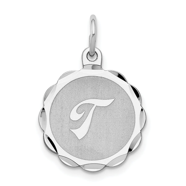 Carat in Karats Sterling Silver Rhodium-Plated Brocaded Letter T Initial Charm Pendant (22mm x 16mm)