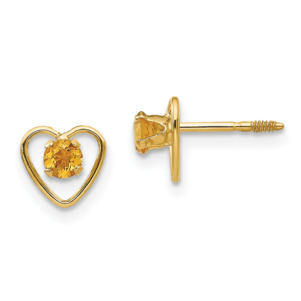 Quilate en quilates Aretes de corazón con piedra de nacimiento de citrino Madi de oro amarillo de 14 qt (6 mm x 6 mm)