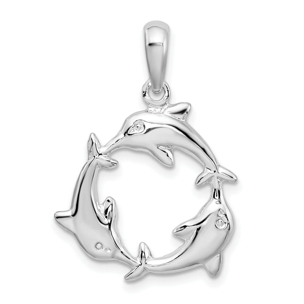 Carat in Karats Sterling Silver Polished Finish 3 Dolphin Circle Charm Pendant (27.82mm)